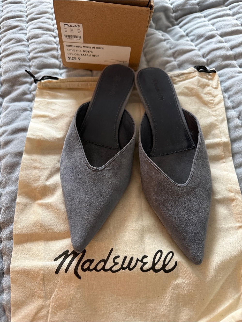 Madewell Kitten-Heel Mules in Basalt Blue Suede Size 9